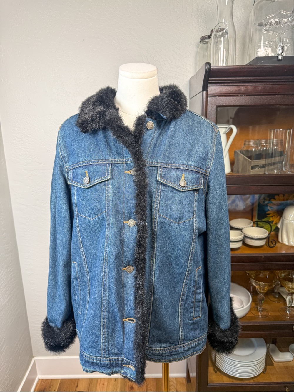 Dennis Basso Denim Blue Jacket Faux Fur Trim Removable Fur Lining Size L